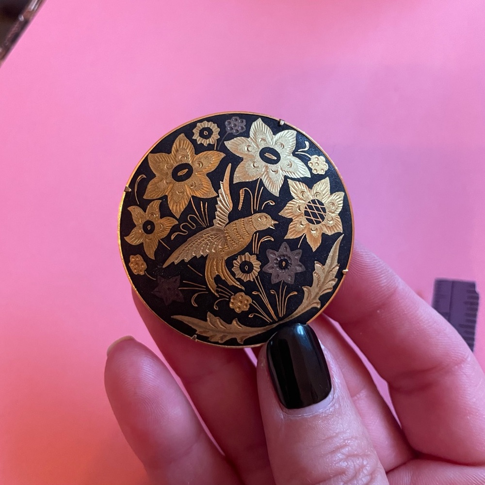 Antique Goldtone & Black Damascene Floral and Bird Motif Brooch, Pin - Picture 9 of 9